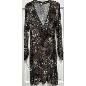 Cabi Geometric Print Shirt Dress Jersey Knit Black Gray‎ White Brown SZ L